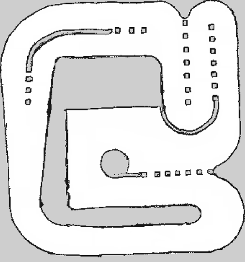 Plan of the icra26 circuit: a squarish 17 by 18 metre corridor that runs round the outside, doubles back through the middle past a hairpin, and is marked out with cones.