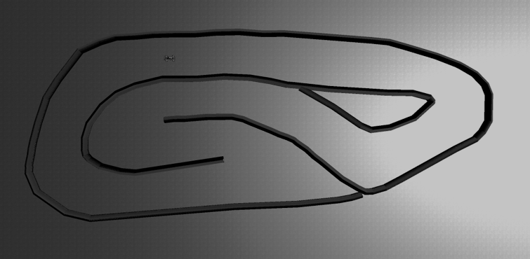 The ICRA 2026 compete circuit seen from above in AutoDRIVE: a long, narrow loop, 6.3 by 18.2 metres, with a tight hairpin at one end and an inner section running back down the middle.