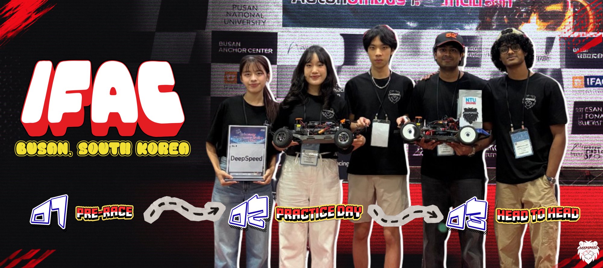 IFAC Busan, South Korea — the NTU DeepSpeed crew with their cars, over a three-stage run: 01 pre-race, 02 practice day, 03 head to head
