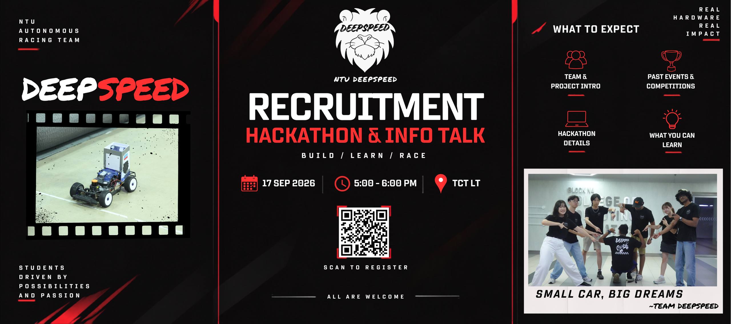 NTU DeepSpeed Recruitment Hackathon and Info Talk poster: 17 Sep 2026, 5:00–6:00 PM at TCT LT, with a QR code to register