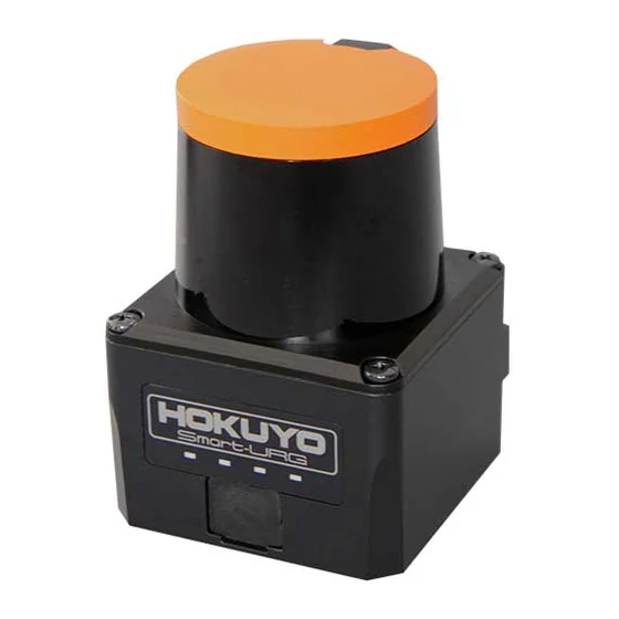 Hokuyo UST-10LX scanning laser rangefinder — a black cube with an orange rotating cap