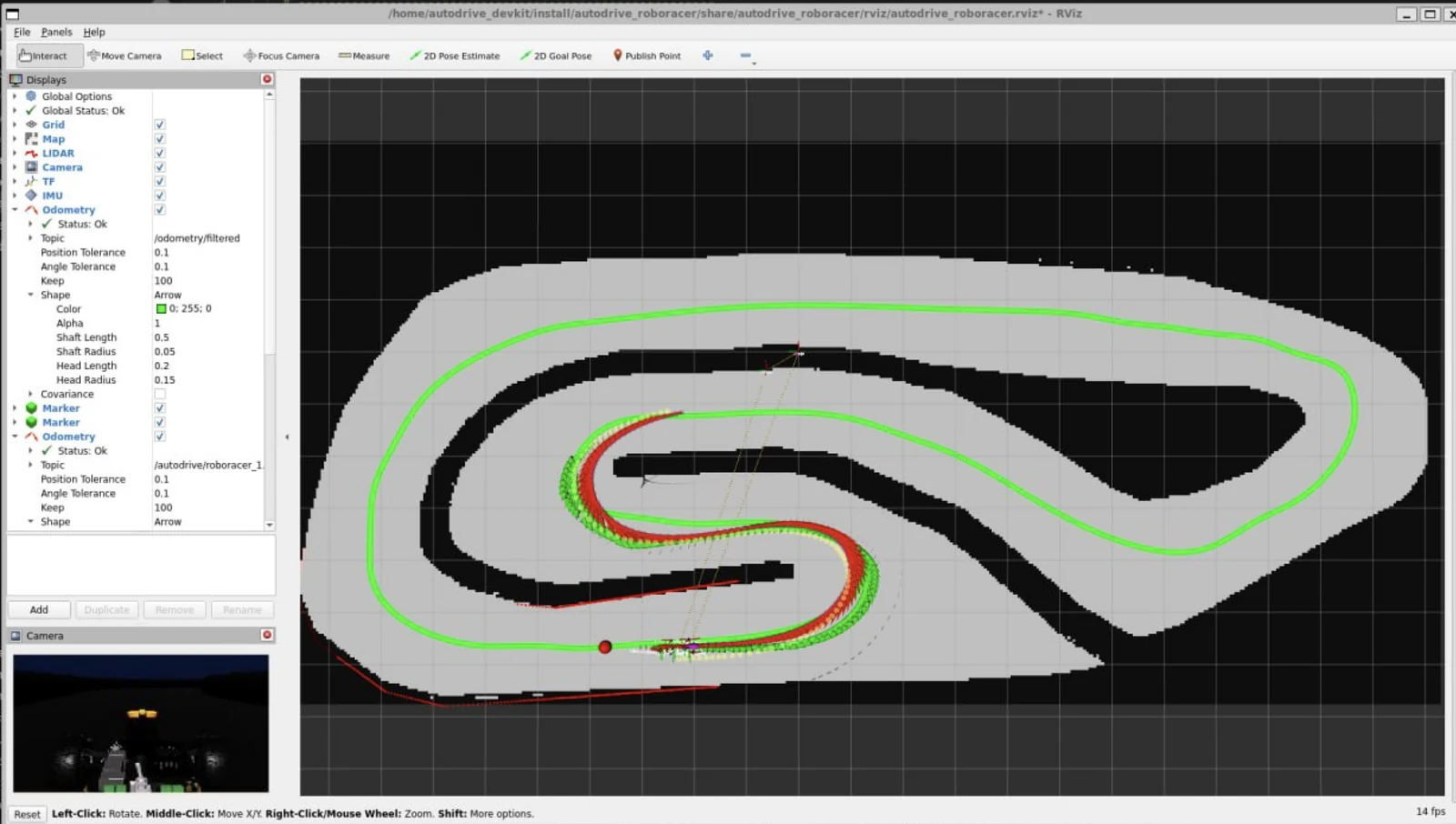 RViz simulation window showing the occupancy-grid track map, the planned racing line in green and live odometry arrows